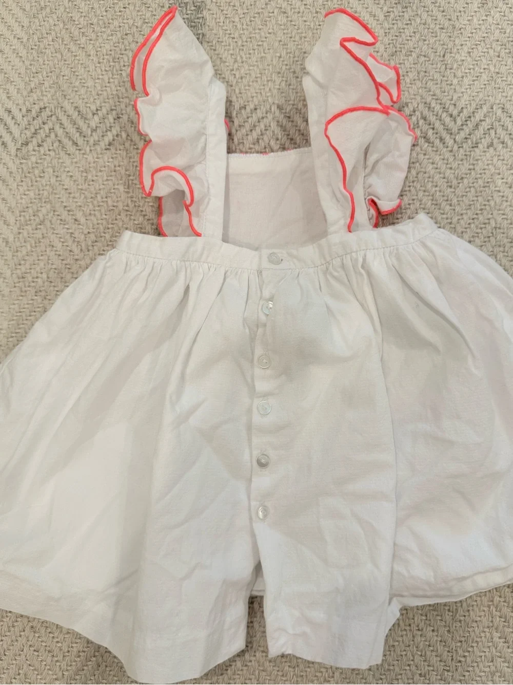 Jacadi Baby 18M Infant White Cotton Dress Neon Pink Smocked and ruffle Sleeves
